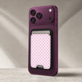Blush Pink Mini Polka Dot MagSafe card holder showing the detailed leather finish