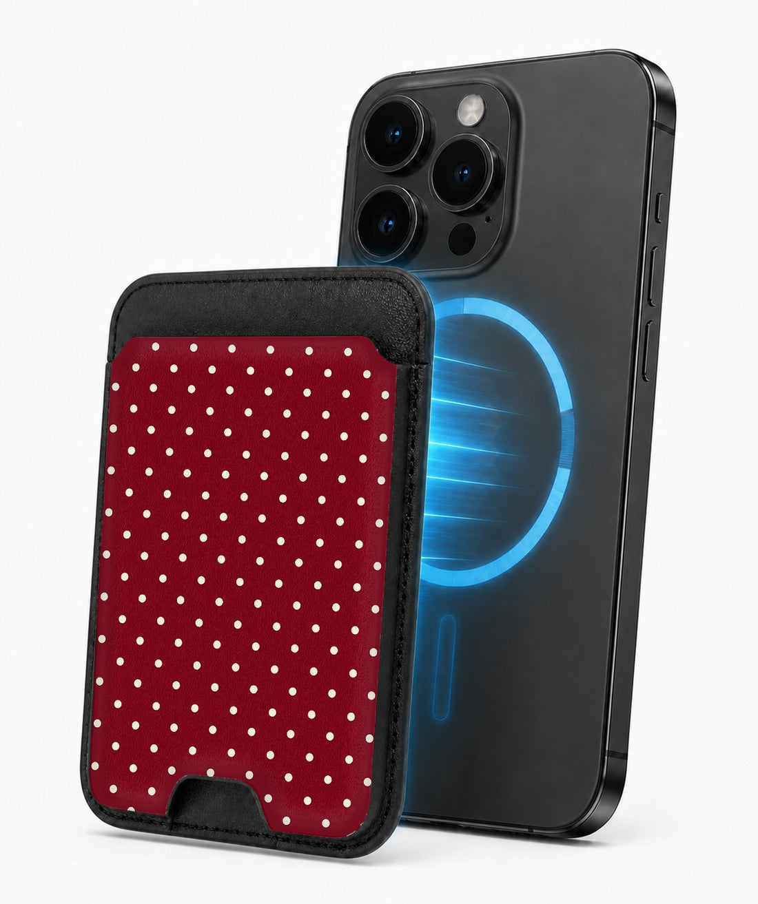 Burgundy Mini Polka Dot MagSafe card holder attached to a compatible iPhone