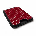 Burgundy Mini Polka Dot MagSafe card holder showing the angled leather surface