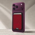 Burgundy Mini Polka Dot MagSafe card holder showing the detailed leather finish