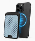 Powder Blue Mini Polka Dot MagSafe card holder attached to a compatible iPhone