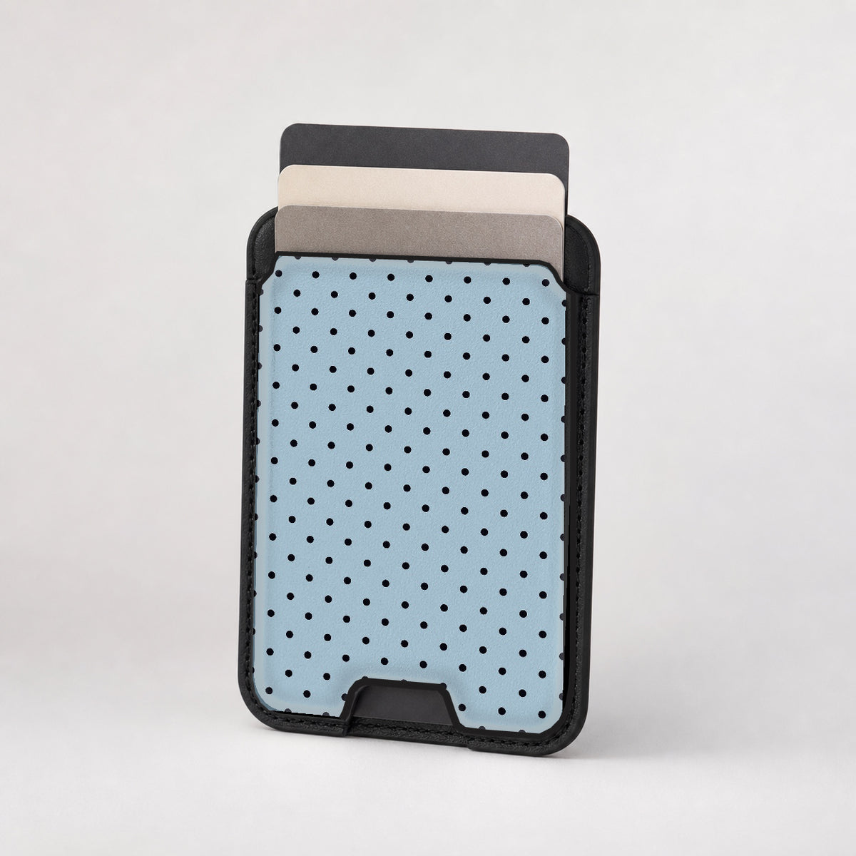 Powder Blue Mini Polka Dot MagSafe card holder showing the patterned front