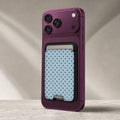 Powder Blue Mini Polka Dot MagSafe card holder showing the detailed leather finish