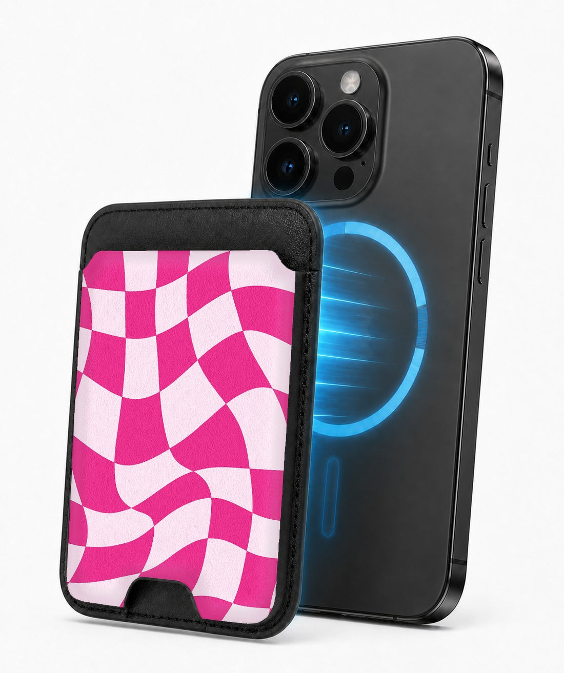 Hot Pink Wavy Checkerboard MagSafe card holder attached to a compatible iPhone