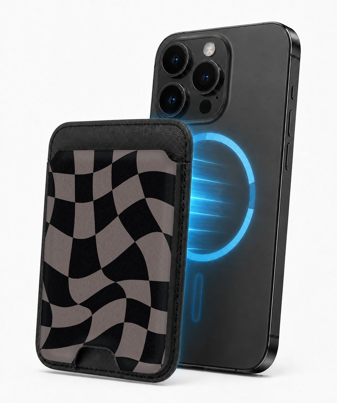 Black Taupe Wavy Checkerboard MagSafe card holder attached to a compatible iPhone