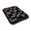 Black Taupe Wavy Checkerboard MagSafe card holder showing the angled leather surface