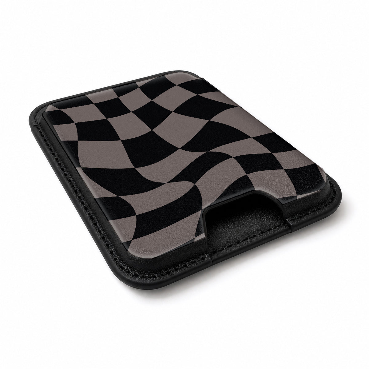 Black Taupe Wavy Checkerboard MagSafe card holder showing the angled leather surface