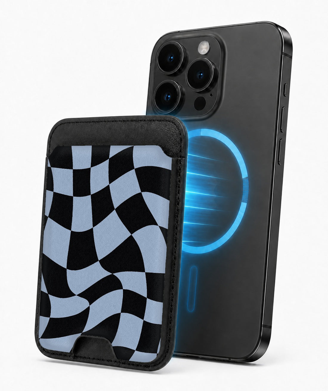 Blue Black Wavy Checkerboard MagSafe card holder attached to a compatible iPhone