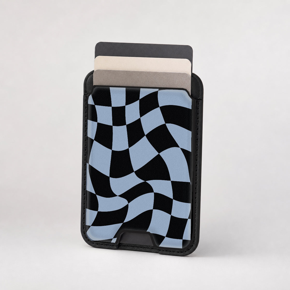 Blue Black Wavy Checkerboard MagSafe card holder showing the patterned front