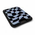 Blue Black Wavy Checkerboard MagSafe card holder showing the angled leather surface