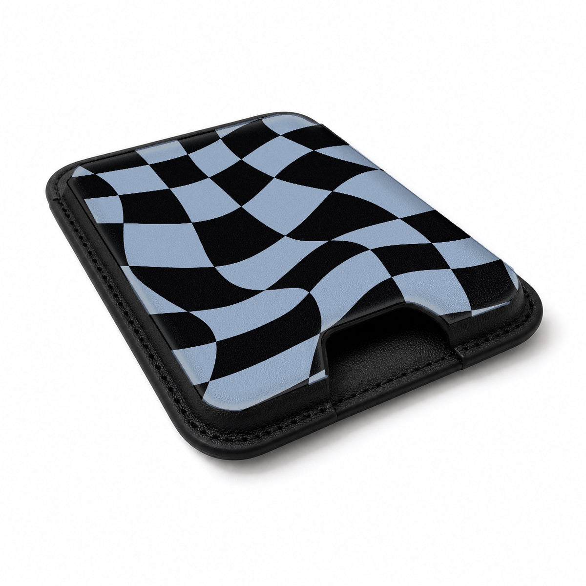 Blue Black Wavy Checkerboard MagSafe card holder showing the angled leather surface