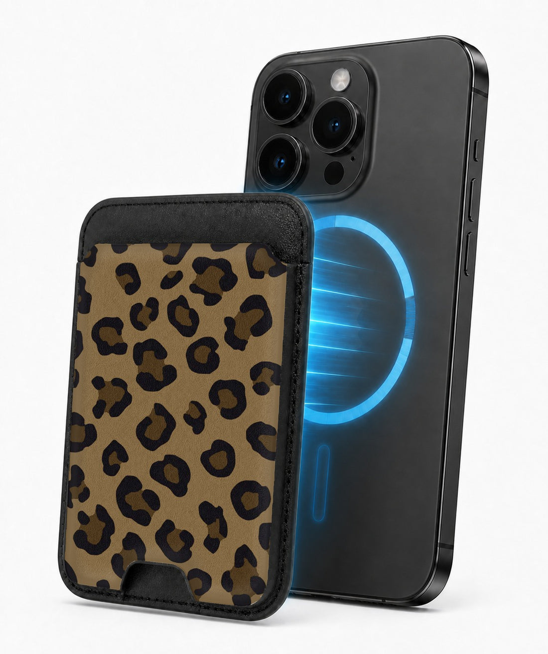 Golden Leopard Print MagSafe card holder attached to a compatible iPhone