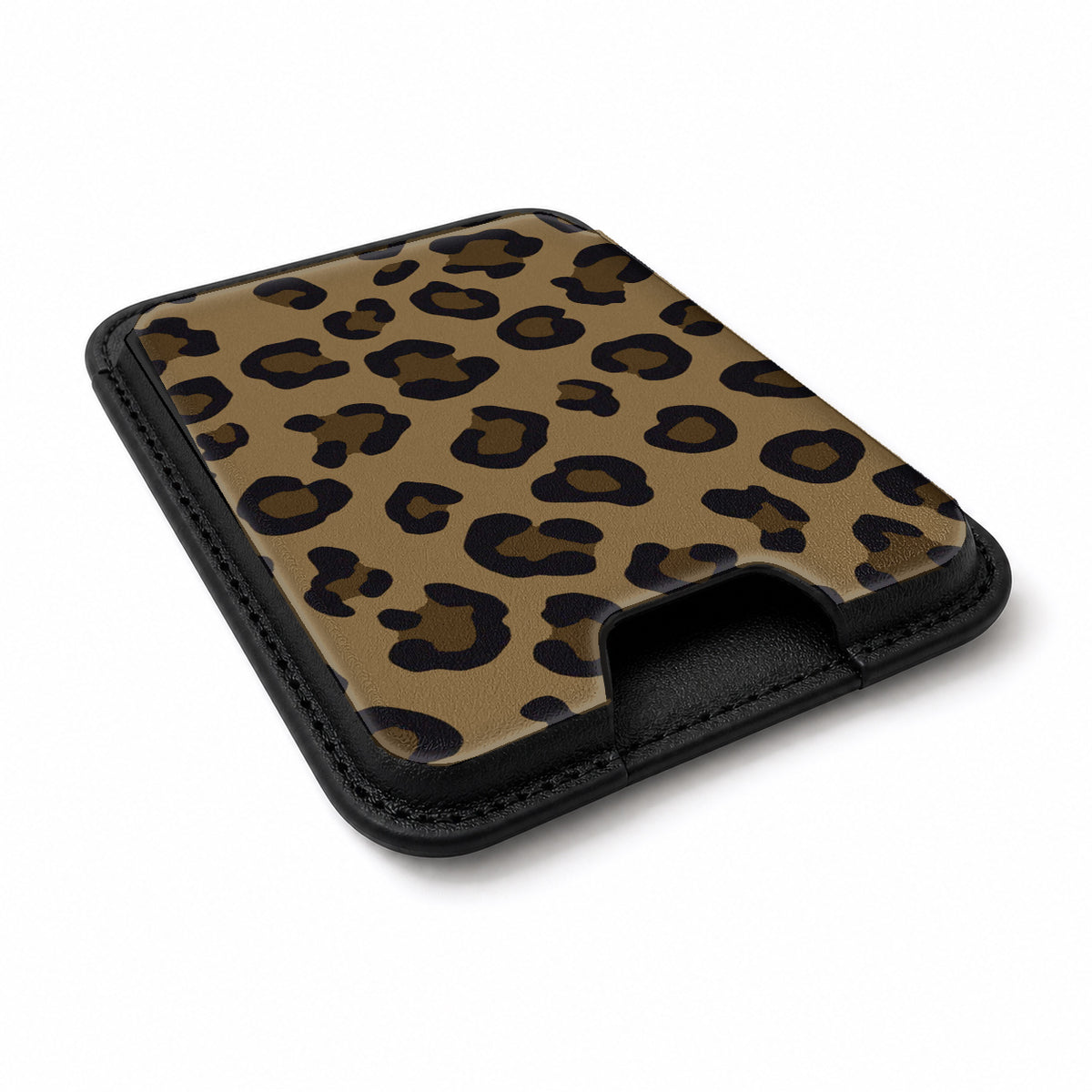 Golden Leopard Print MagSafe card holder showing the angled leather surface