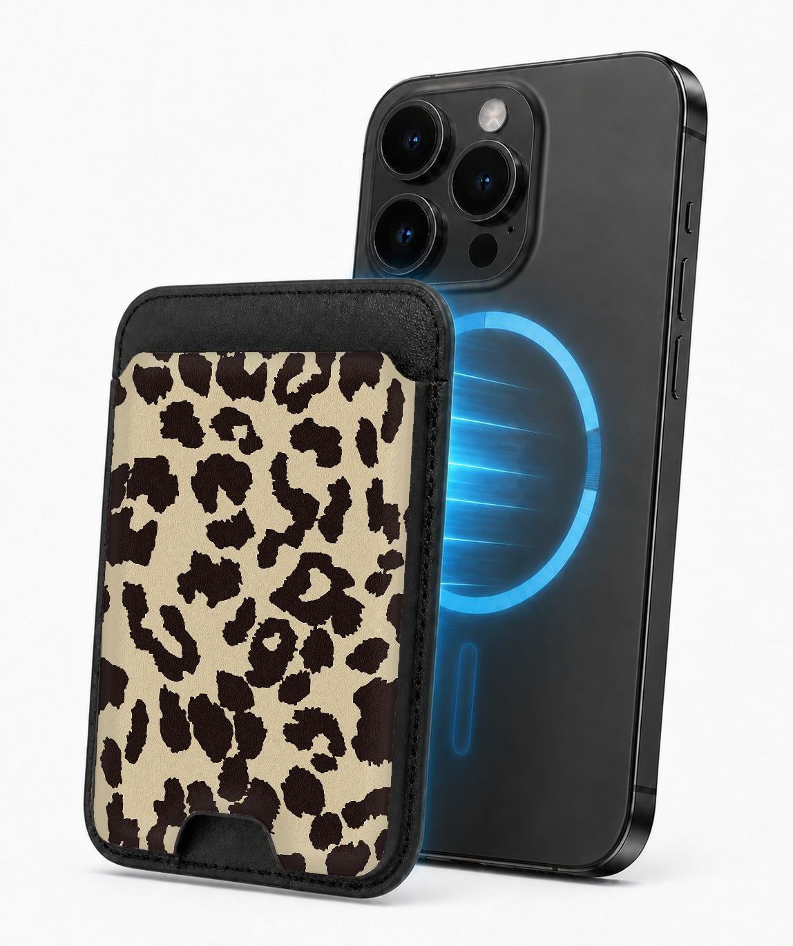 Cream Leopard Print MagSafe card holder attached to a compatible iPhone