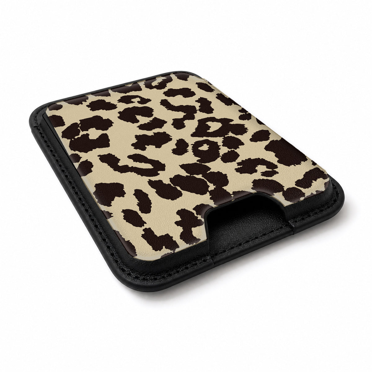 Cream Leopard Print MagSafe card holder showing the angled leather surface