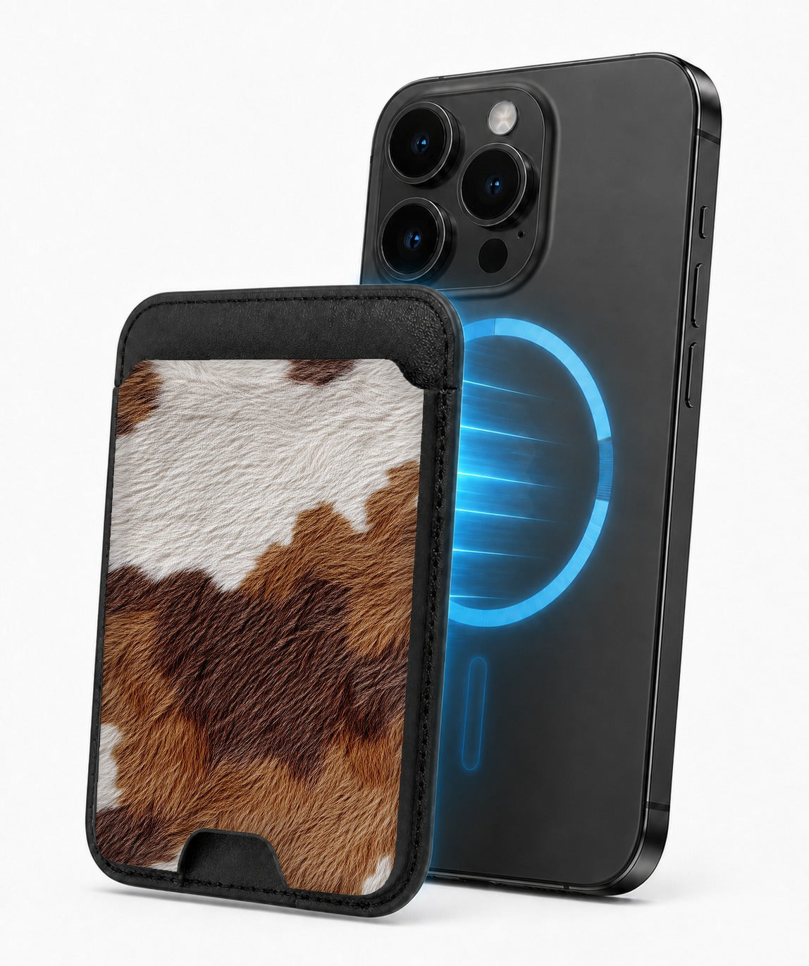 Highland Cowhide Print MagSafe card holder attached to a compatible iPhone
