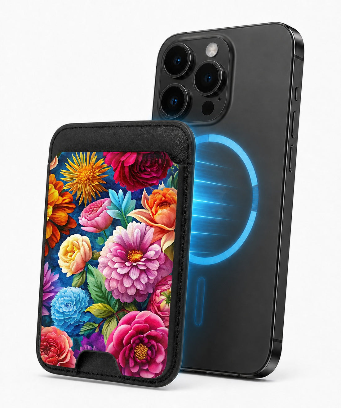 Vibrant Garden Floral Bouquet MagSafe card holder attached to a compatible iPhone