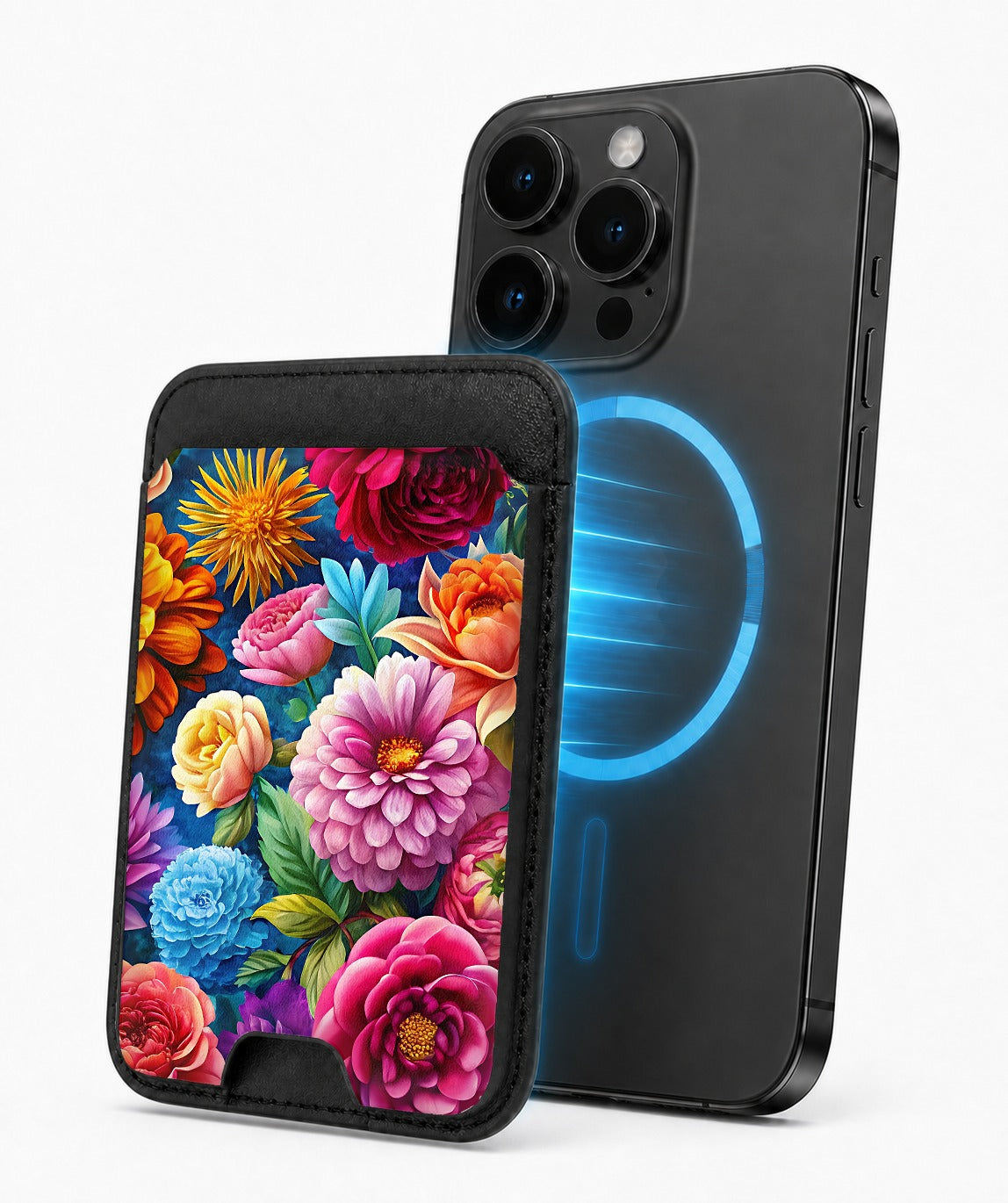 Vibrant Garden Floral Bouquet MagSafe card holder attached to a compatible iPhone