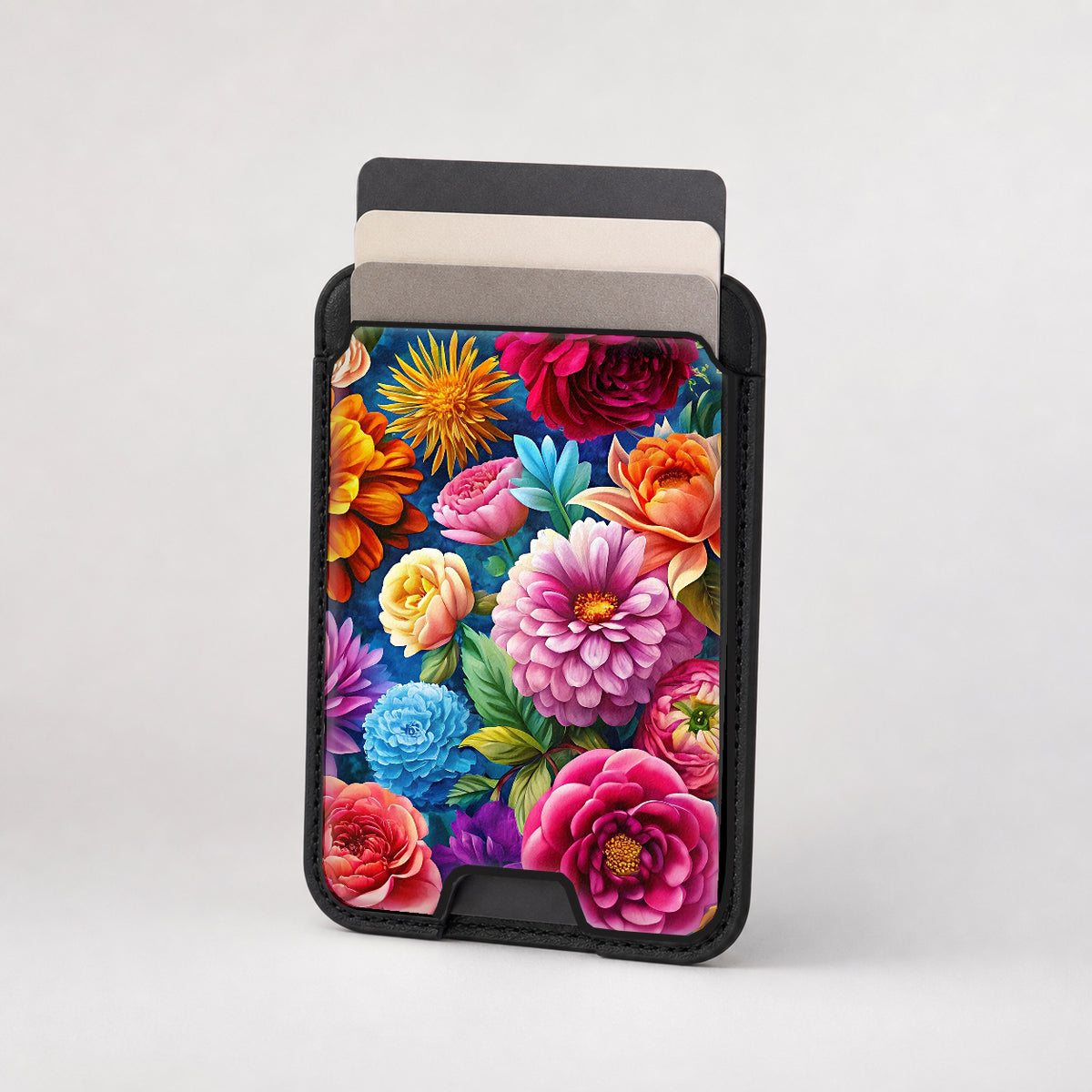 Vibrant Garden Floral Bouquet MagSafe card holder showing the patterned front