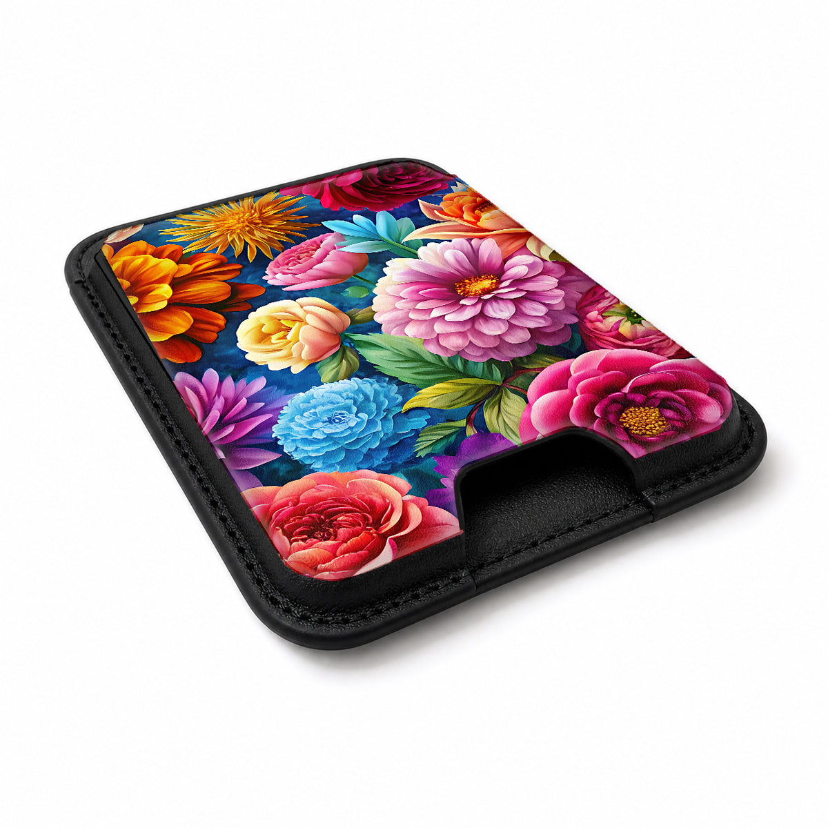 Vibrant Garden Floral Bouquet MagSafe card holder showing the angled leather surface