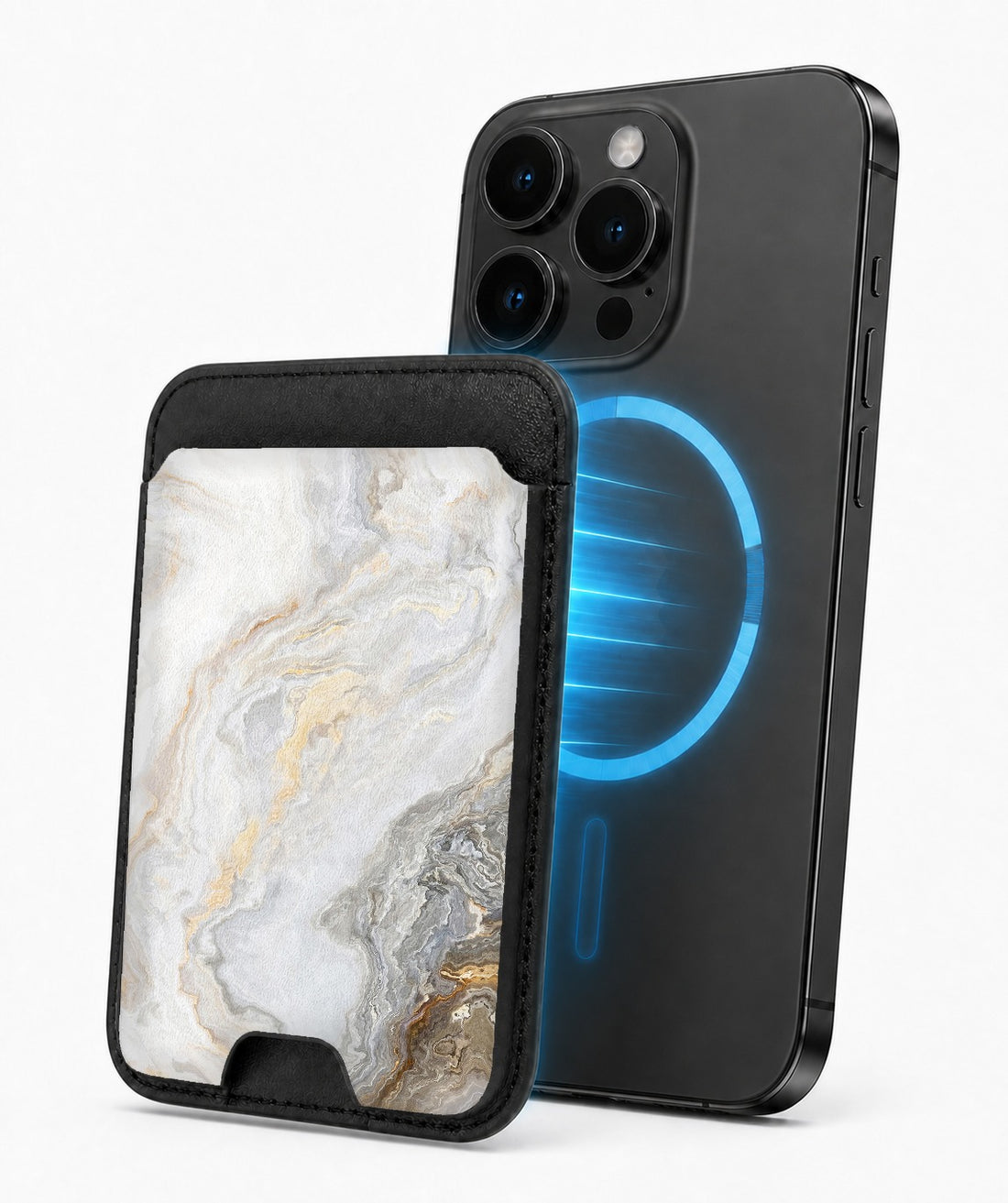 White Gold Marble MagSafe card holder attached to a compatible iPhone