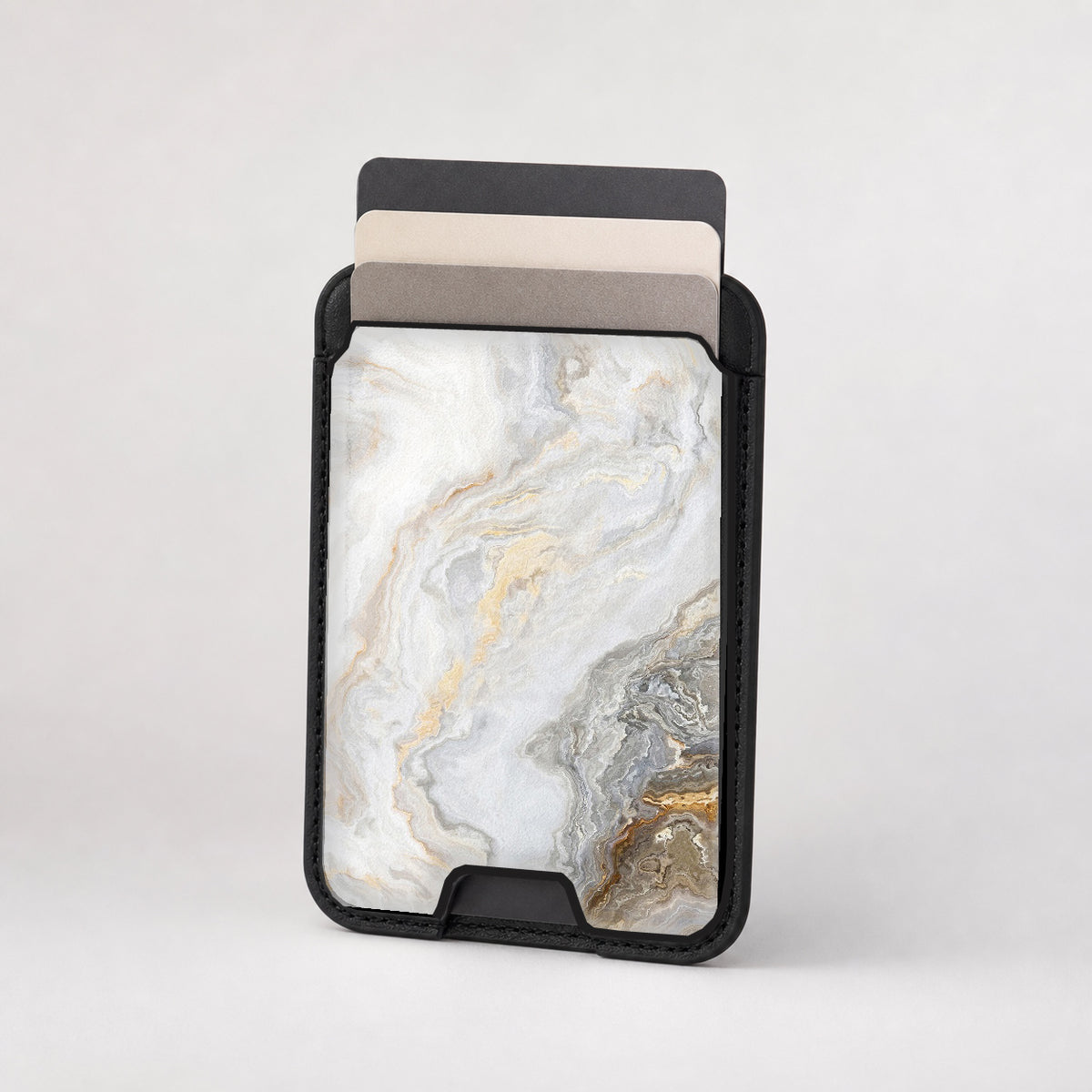 White Gold Marble MagSafe card holder showing the patterned front