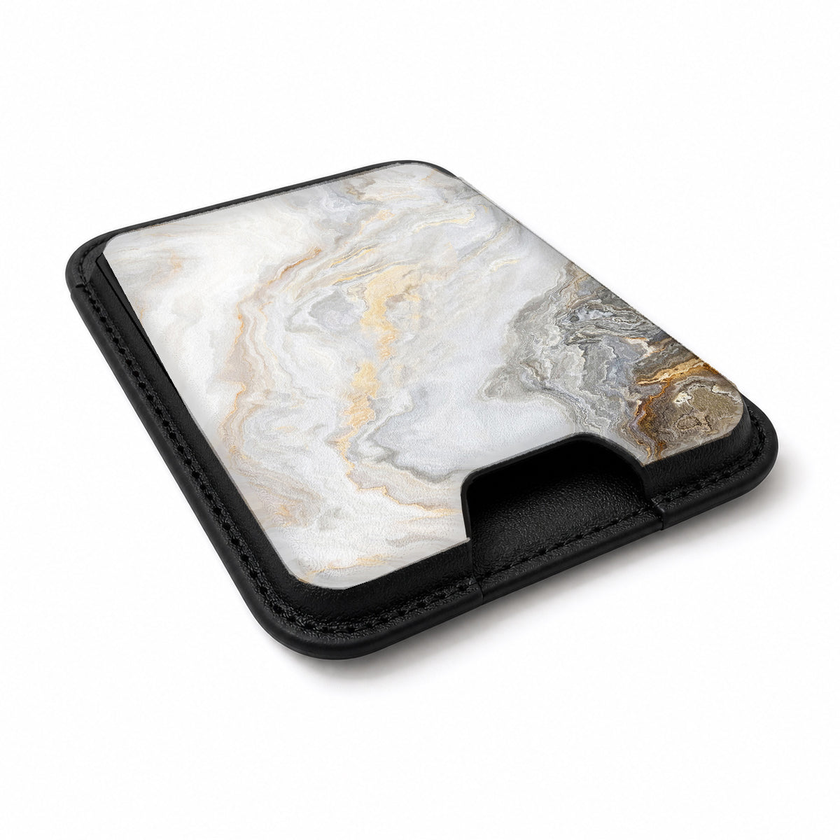 White Gold Marble MagSafe card holder showing the angled leather surface
