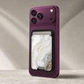 White Gold Marble MagSafe card holder showing the detailed leather finish