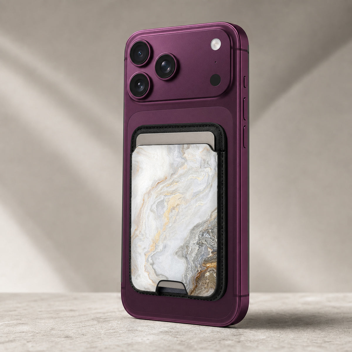 White Gold Marble MagSafe card holder showing the detailed leather finish