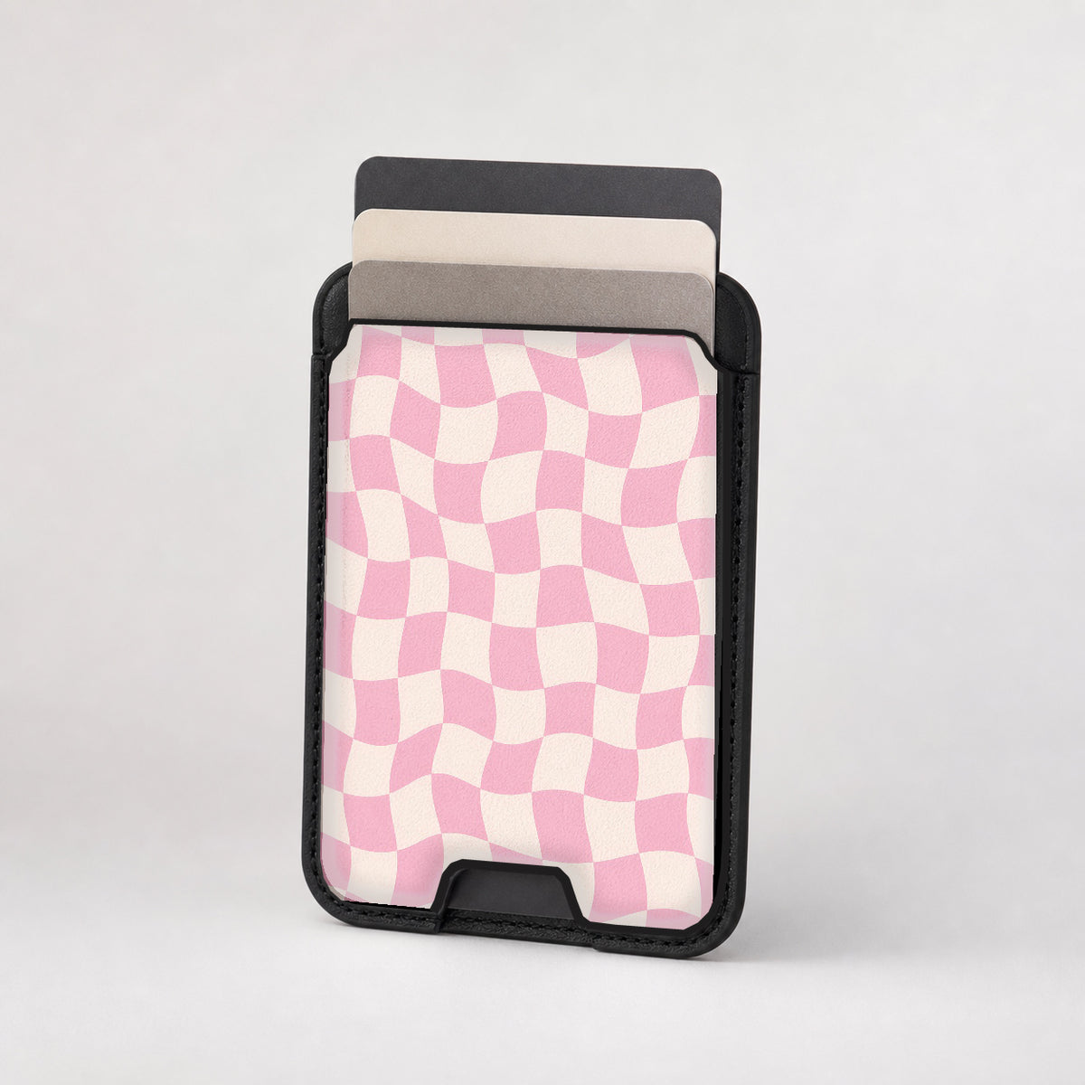Blush Pink Checkerboard MagSafe card holder showing the patterned front