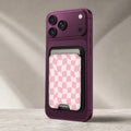 Blush Pink Checkerboard MagSafe card holder showing the detailed leather finish