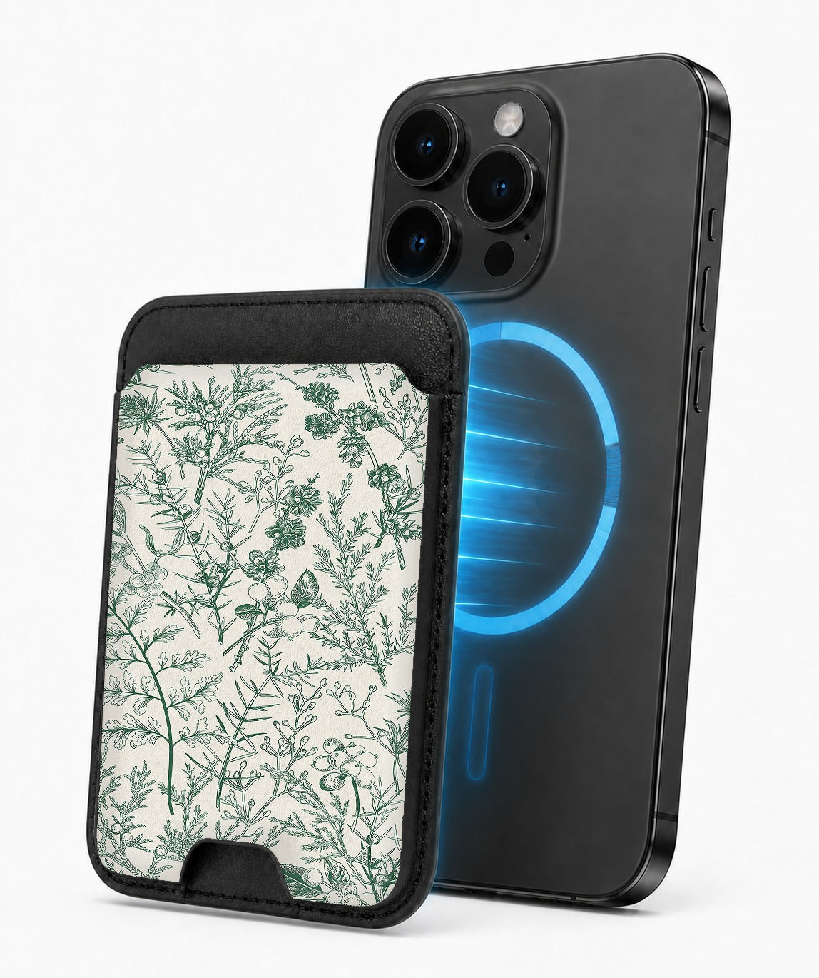 Green Toile Botanical MagSafe card holder attached to a compatible iPhone
