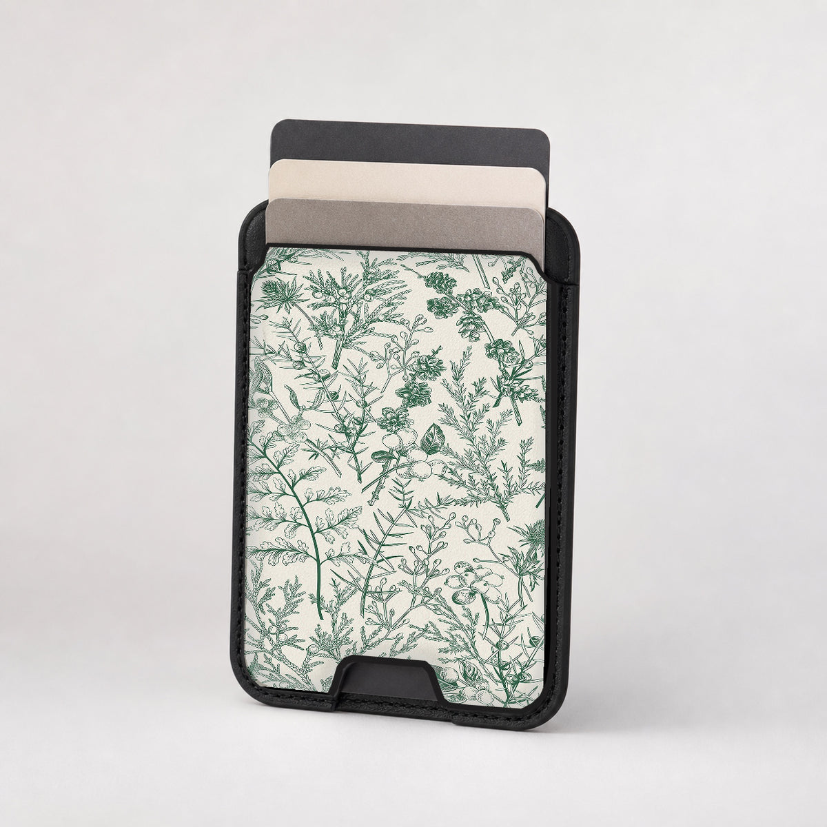 Green Toile Botanical MagSafe card holder showing the patterned front
