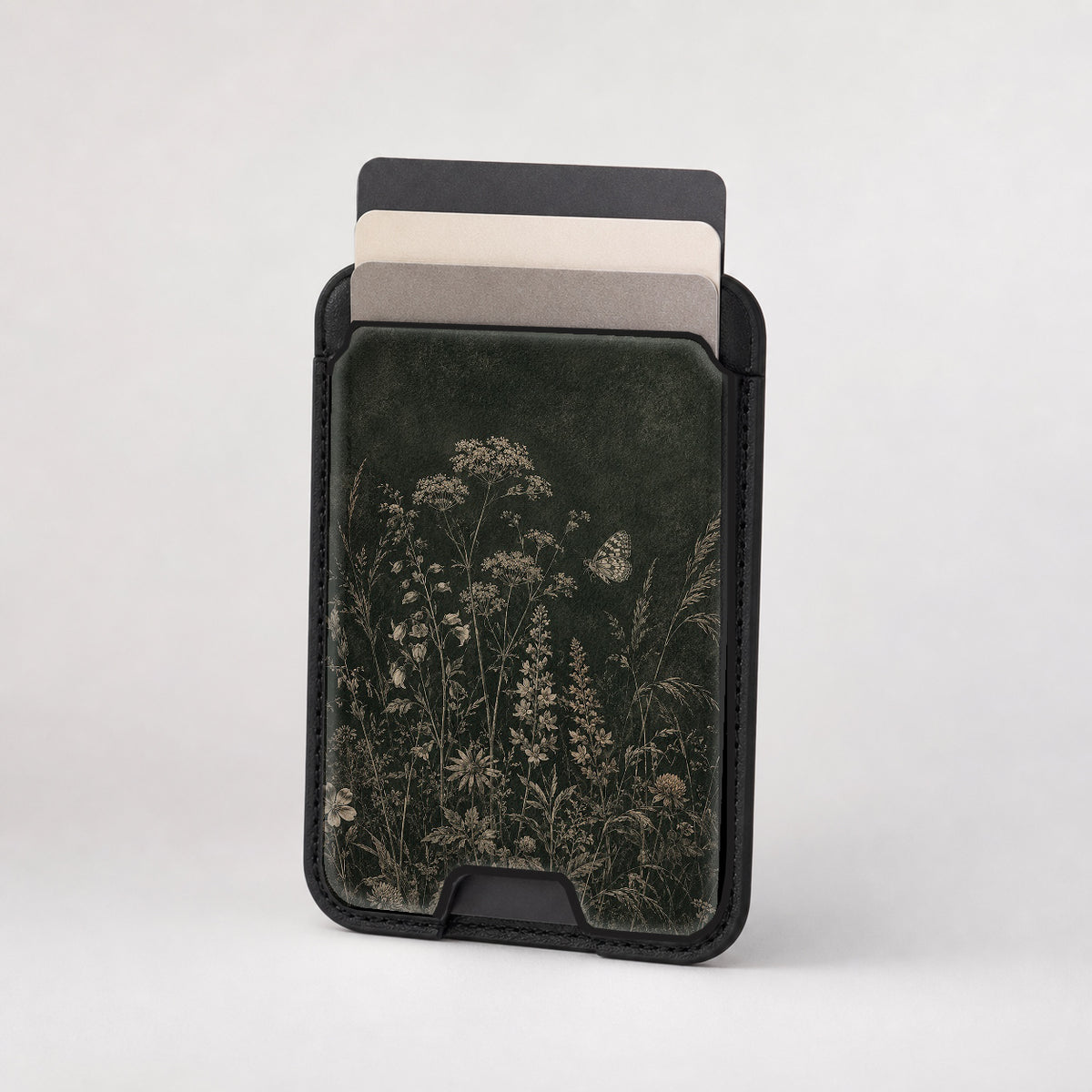 Dark Vintage Botanical MagSafe card holder showing the patterned front