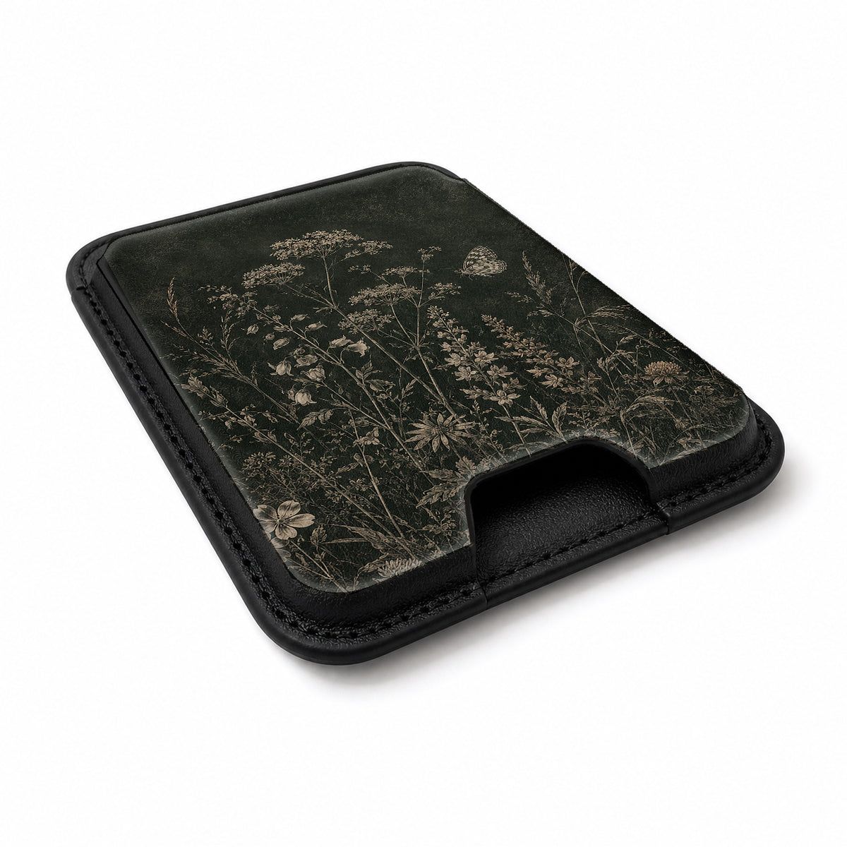 Dark Vintage Botanical MagSafe card holder showing the angled leather surface