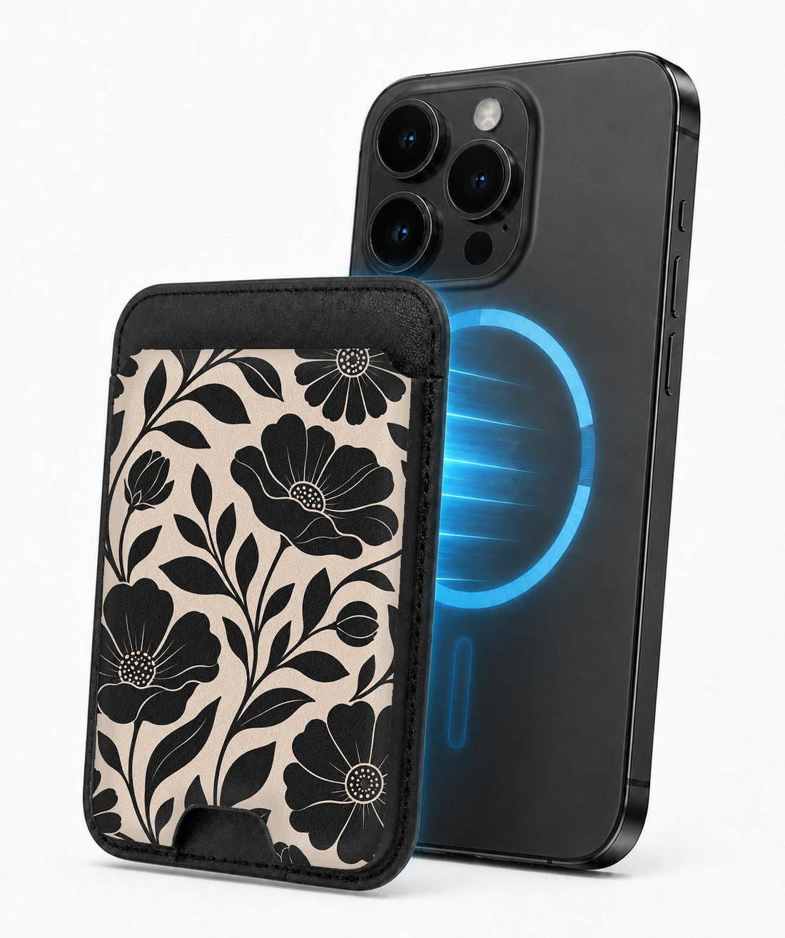 Black Cream Oversized Floral MagSafe card holder attached to a compatible iPhone