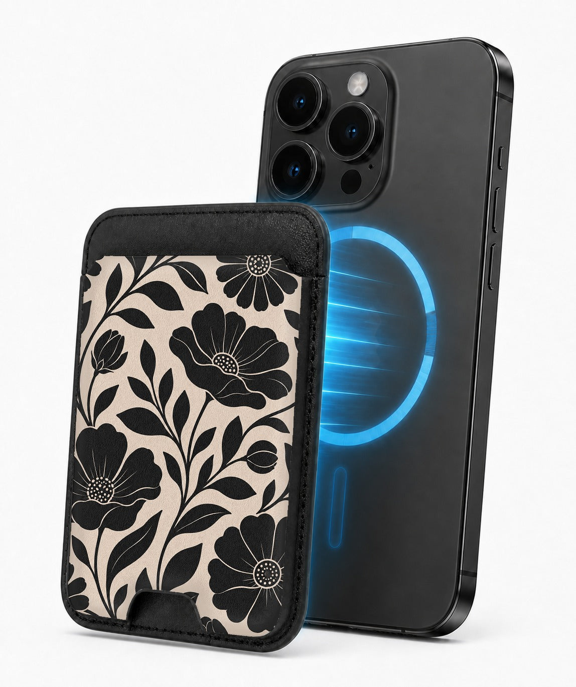 Black Cream Oversized Floral MagSafe card holder attached to a compatible iPhone