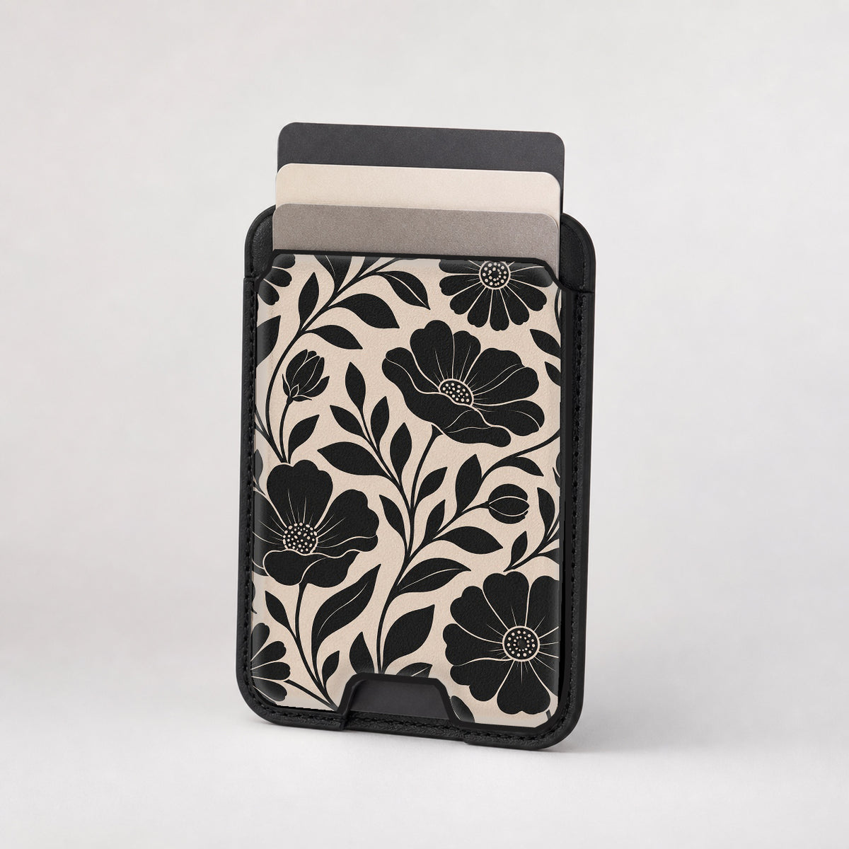 Black Cream Oversized Floral MagSafe card holder showing the patterned front