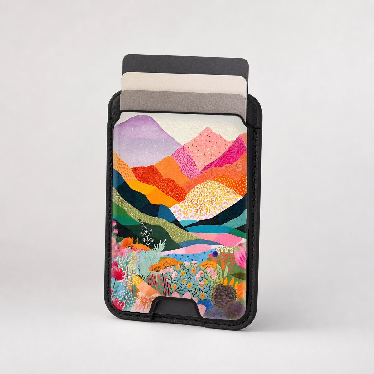 Colorful Abstract Landscape Floral MagSafe card holder showing the patterned front