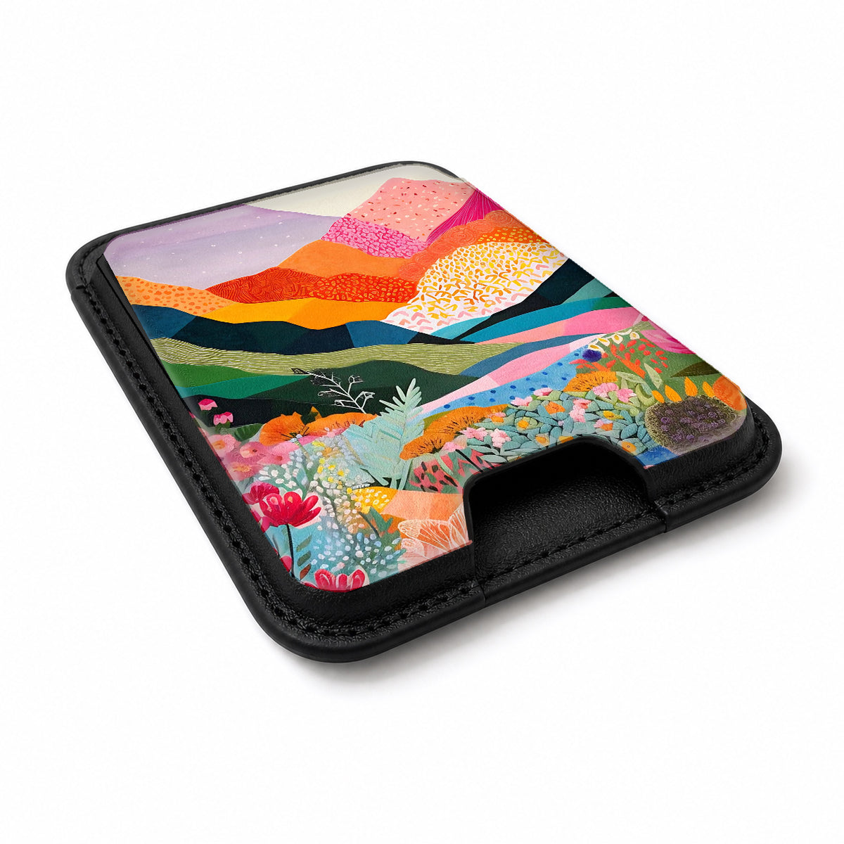 Colorful Abstract Landscape Floral MagSafe card holder showing the angled leather surface