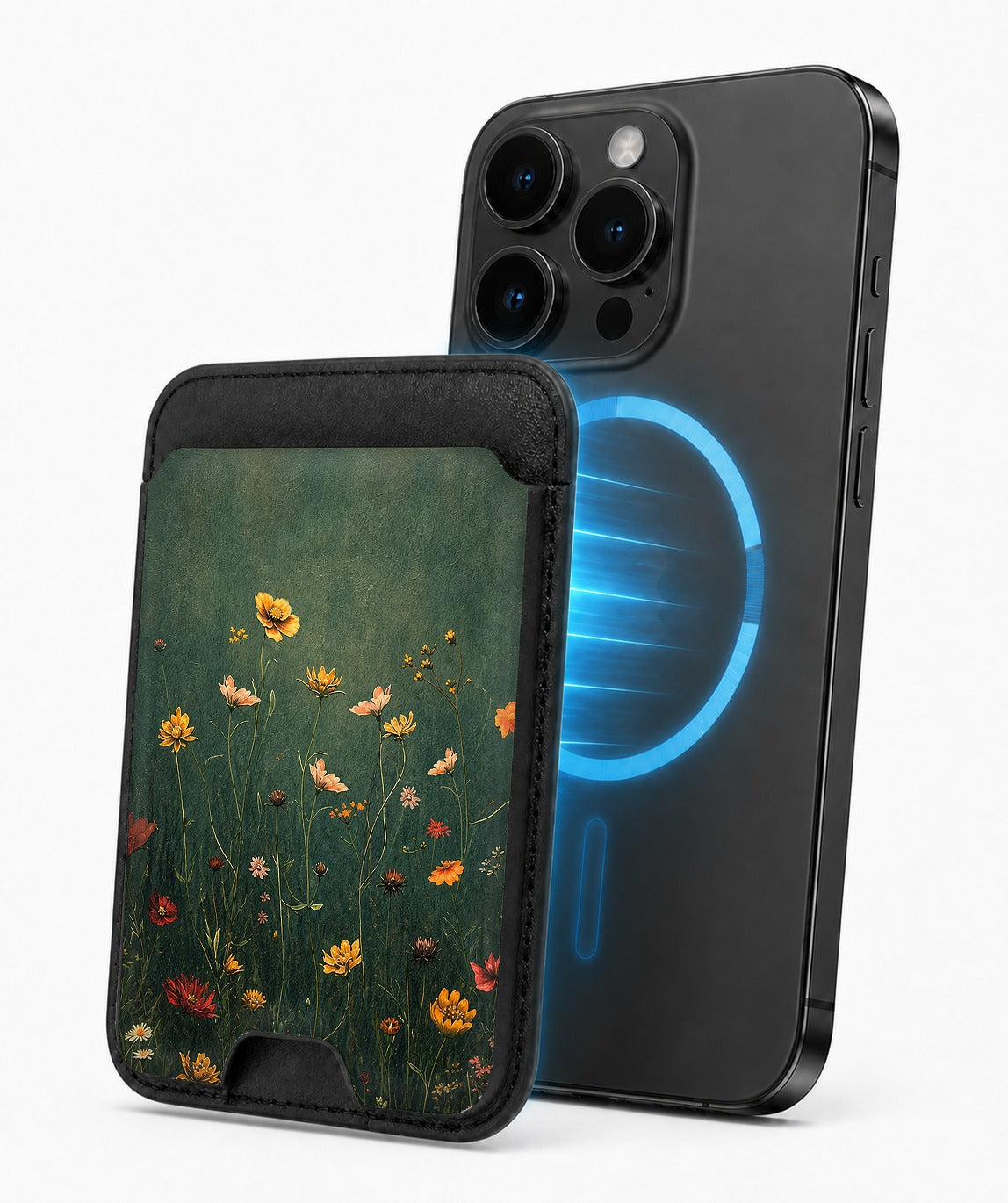 Dark Green Golden Wildflower Meadow MagSafe card holder attached to a compatible iPhone