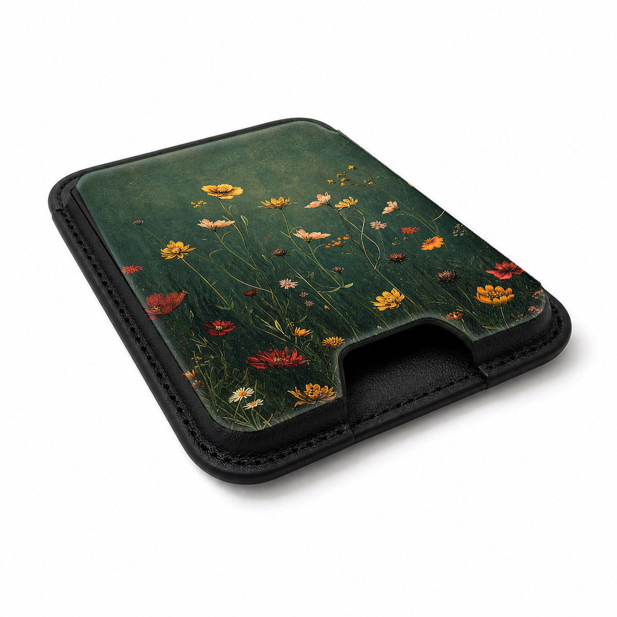 Dark Green Golden Wildflower Meadow MagSafe card holder showing the angled leather surface