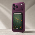 Dark Green Golden Wildflower Meadow MagSafe card holder showing the detailed leather finish