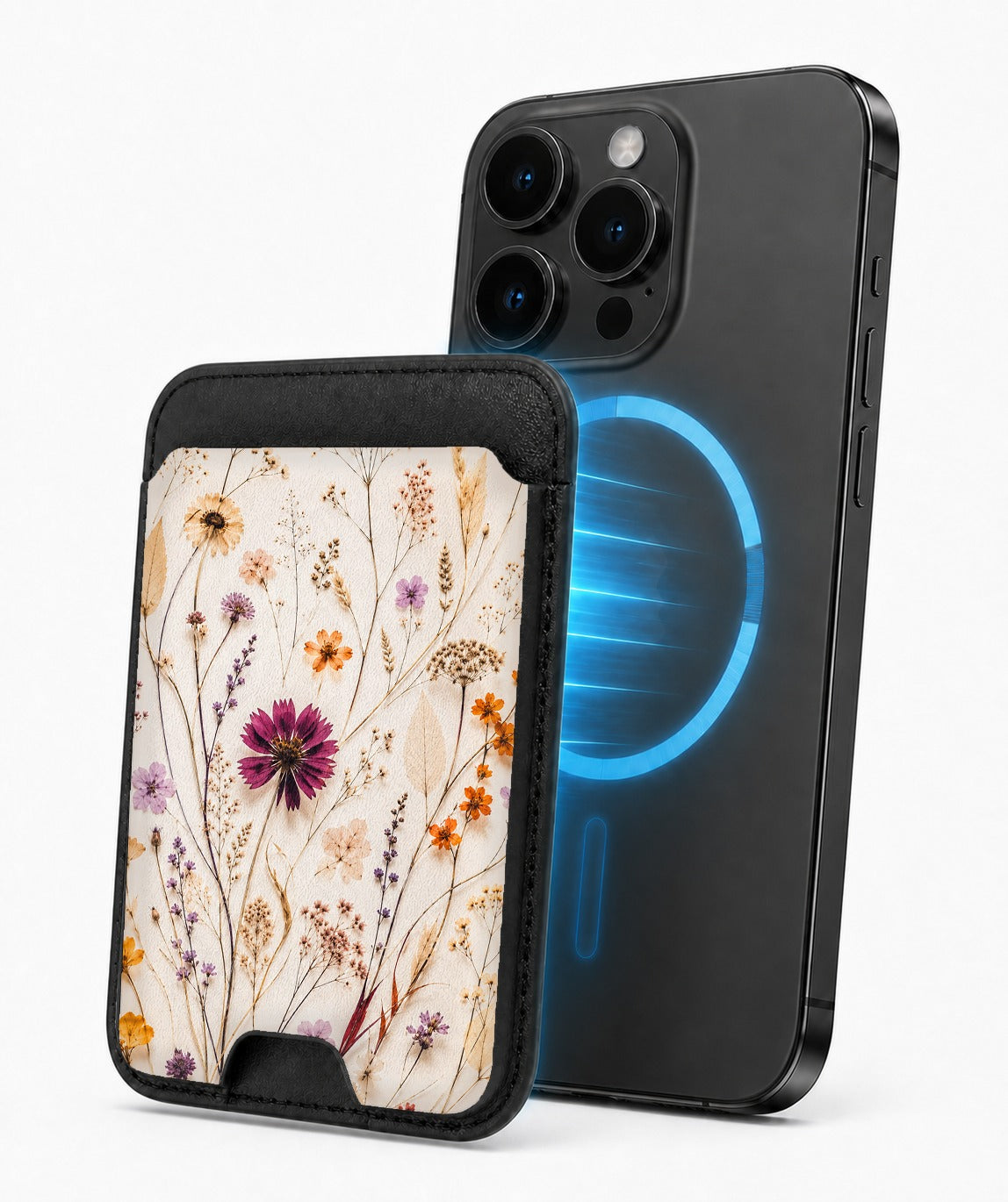 Pressed Wildflower Bouquet MagSafe card holder attached to a compatible iPhone