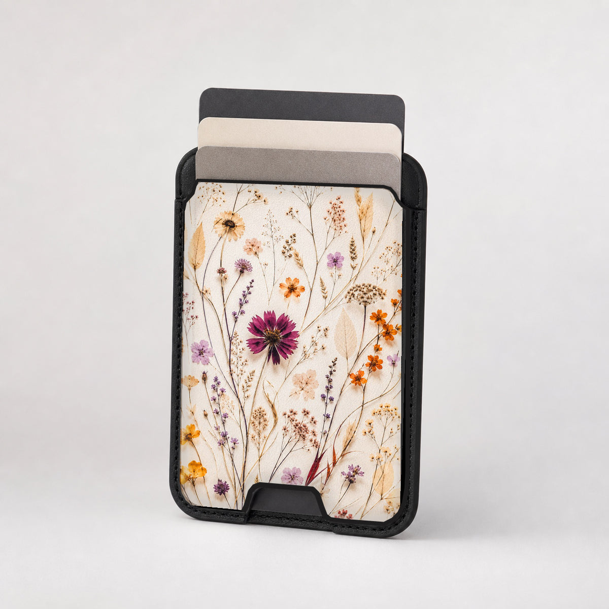 Pressed Wildflower Bouquet MagSafe card holder showing the patterned front