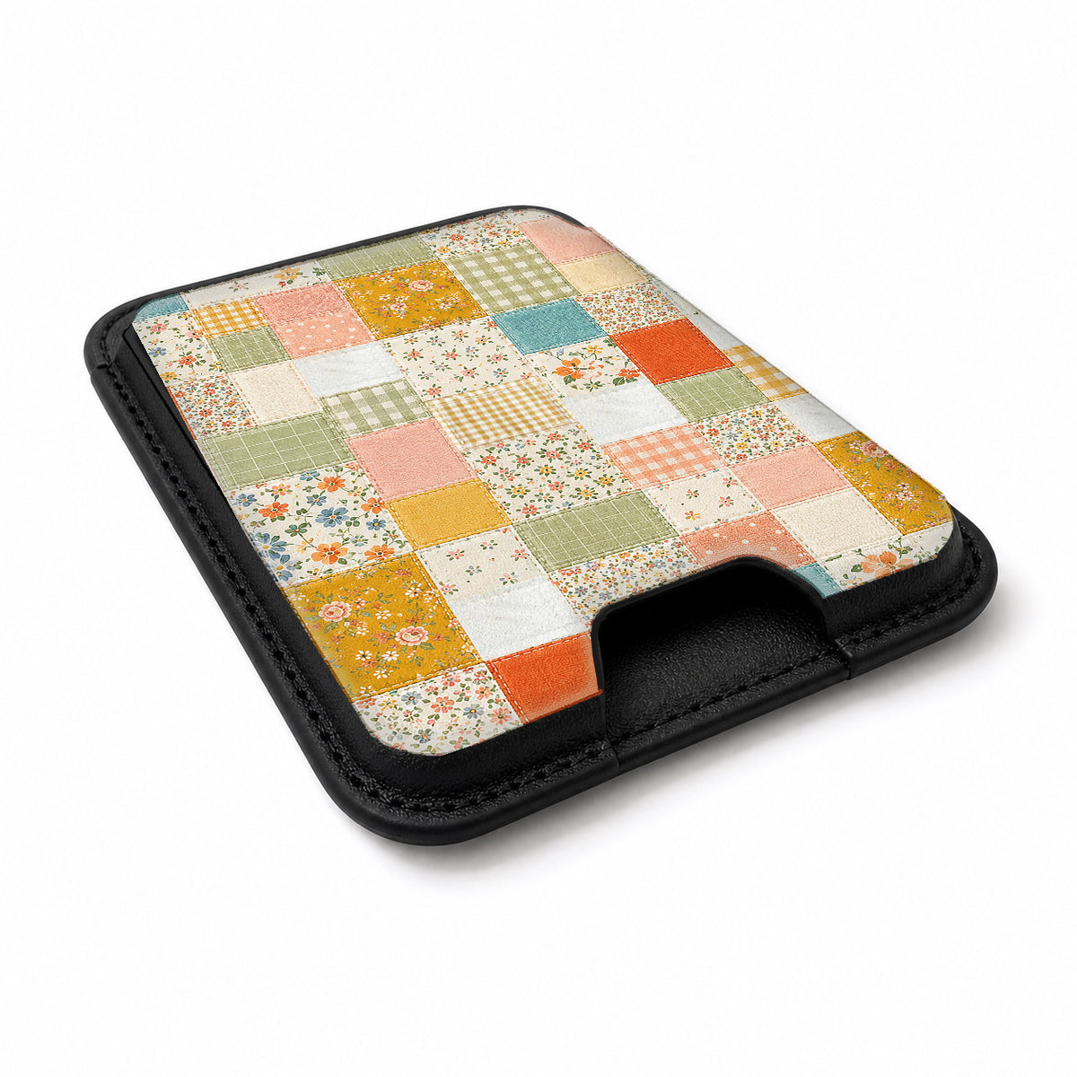 Pastel Quilt Patchwork MagSafe card holder showing the angled leather surface