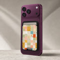 Pastel Quilt Patchwork MagSafe card holder showing the detailed leather finish