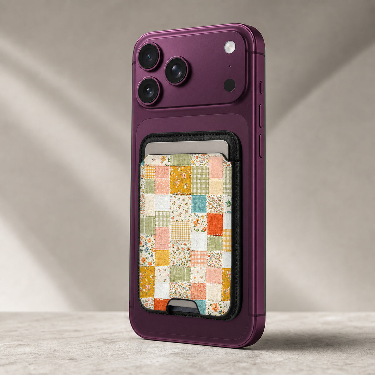 Pastel Quilt Patchwork MagSafe card holder showing the detailed leather finish
