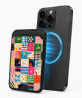 Colorful Folk Quilt Patchwork MagSafe card holder attached to a compatible iPhone