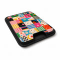 Colorful Folk Quilt Patchwork MagSafe card holder showing the angled leather surface